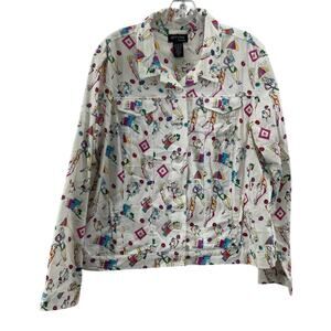 Attyre NY XL Womens Shopper Themed Biker Jacket White/Multicolor Cotton Preowned